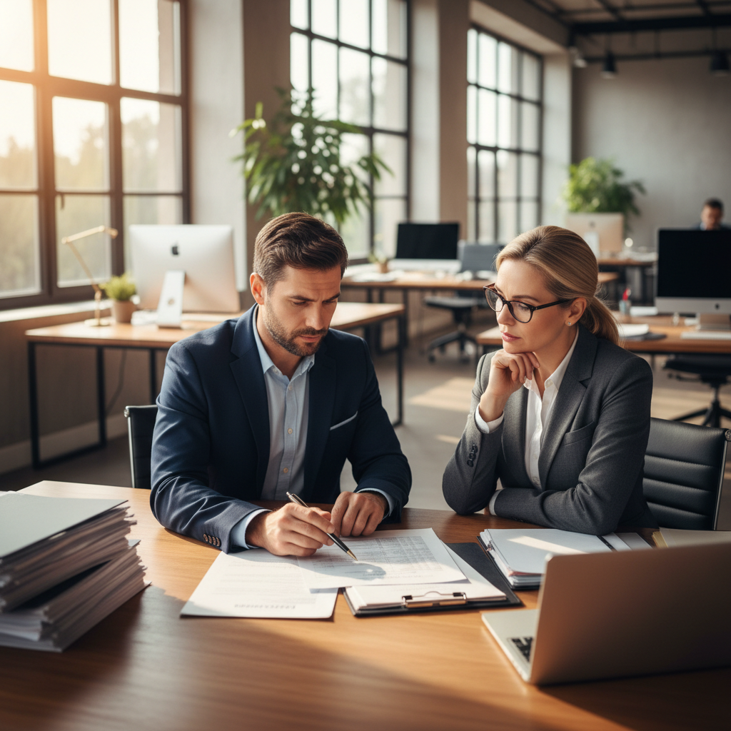 Business executives reviewing documents in a well-lit modern office