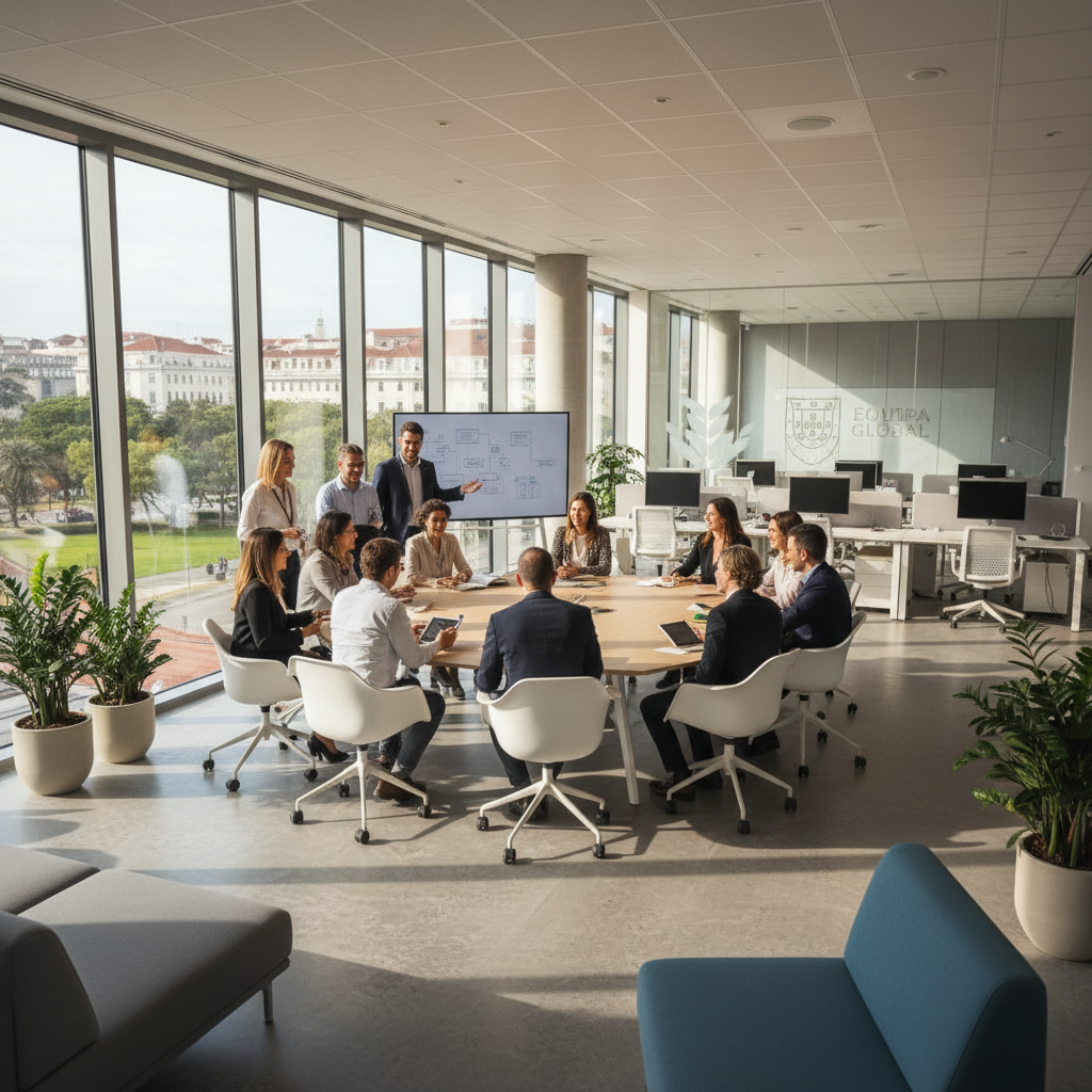 Professional team in a bright modern office conference room with large windows and natural light