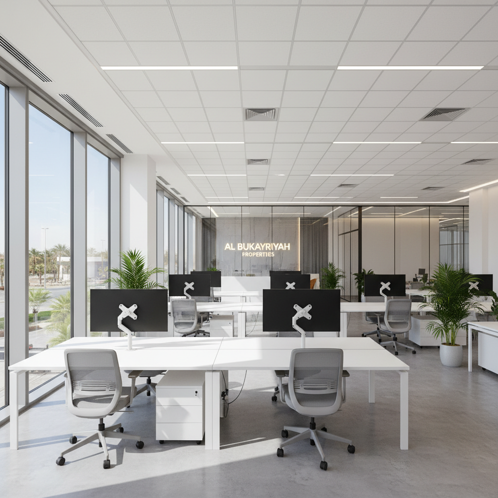 Modern open-plan office interior with warm lighting and large windows