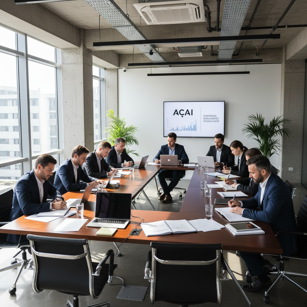 Professional business meeting with financial advisors in bright modern boardroom
