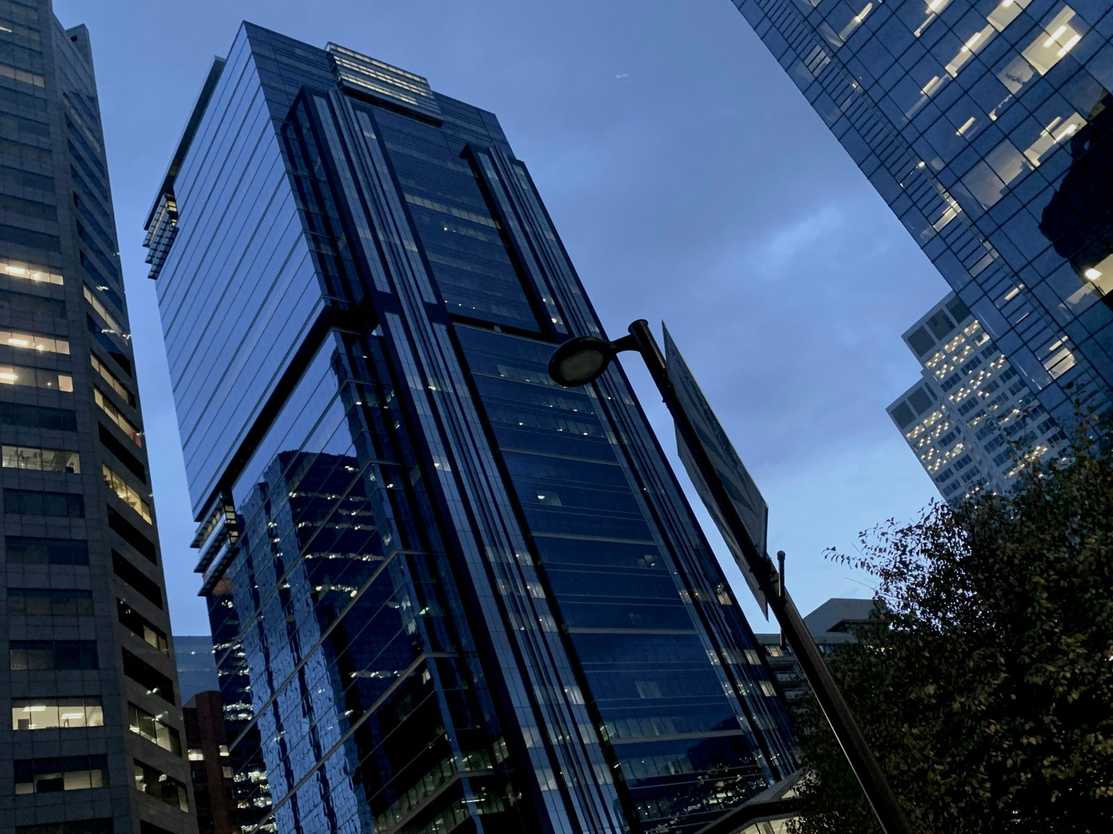 Modern glass skyscrapers rising against a bright sky