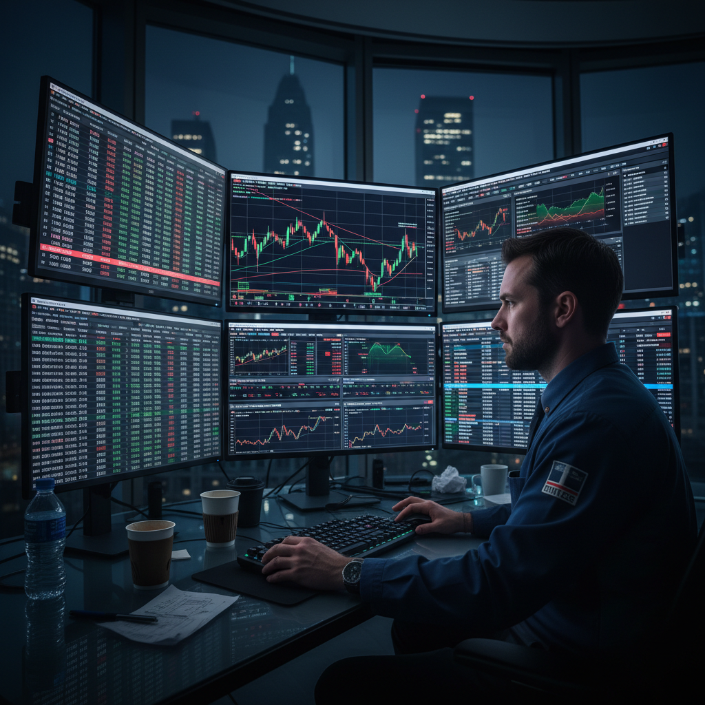 Financial trading screens displaying market data charts in a dark blue office