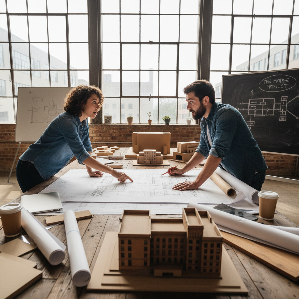 Architectural blueprints and building models on a design studio table