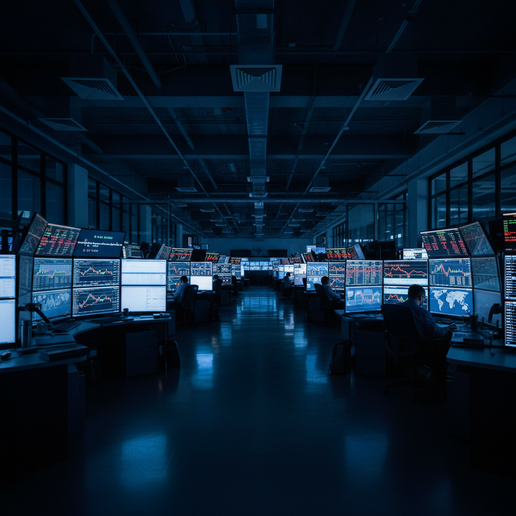 Financial charts and trading screens in dimly lit professional trading floor with blue ambient glow